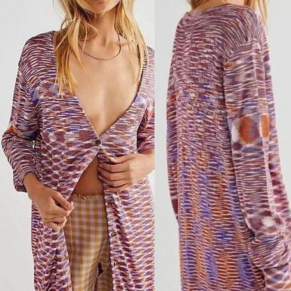 Free People Into the Night Striped Longline Tunic Buttoned Cardigan Small